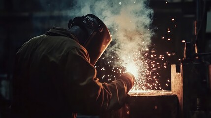 A welder in a dark environment wearing a protective helmet welds metal while sparks fly from his welding torch.