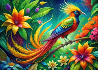 Fototapeta premium Vibrant Bird of Paradise Illustration Showcasing Exotic Colors and Unique Floral Design Elements