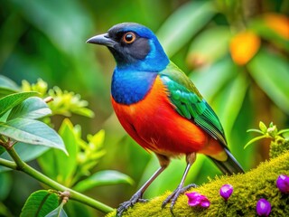 Obraz premium Vibrant Bird of South America Perched Among Lush Green Foliage in Natural Habitat Setting