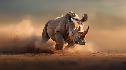 A dynamic rhinoceros charging across a dusty landscape with motion and energy.