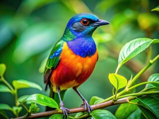 Fototapeta premium Vibrant bird perched in lush green foliage, symbolizing opportunity and nature's beauty around us