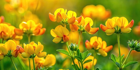 Fototapeta premium Vibrant Birdsfoot Trefoil Plants in Bloom Against a Soft Green Background in Natural Habitat