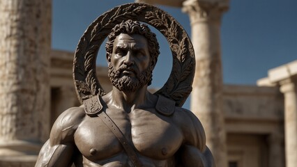 Show Heracles in a victorious pose after completing his final labor, holding a laurel wreath and shield, set against an ancient Greek glory plaza background, symbolizing the hero's triumph and honor.