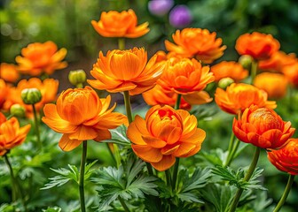 Vibrant Blooming Trollius Asiaticus Bushes with Striking Orange Flowers in a Natural Garden Setting