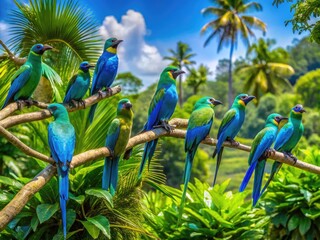Vibrant Blue and Green Birds Perched on Branches in a Lush Tropical Environment with Clear Sky