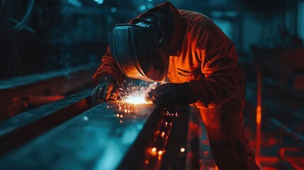 A welder in a red jumpsuit and a welding mask is working on a metal beam with sparks flying from the welding torch.