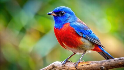 Obraz premium Vibrant Blue and Red Bird Perched on a Branch Against a Natural Background in Bright Daylight