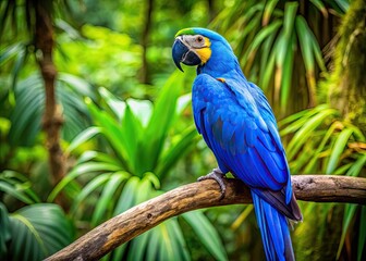 Vibrant Blue Macaw Perched on a Branch Against a Lush Green Background in Natural Habitat Setting