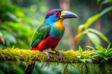 Obraz premium Vibrant Brazilian Bird Perched on Branch Against Lush Green Background in Tropical Rainforest