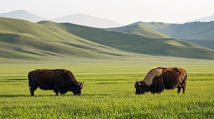 Two Brown Yak Grazing in a Green Meadow with Rolling Hills in the Background