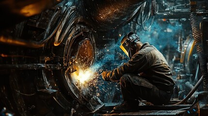 A welder wearing a helmet and protective clothing works on a large piece of machinery, sparks fly from the welding torch.