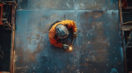 A welder wearing a helmet works on a metal sheet with sparks flying around.