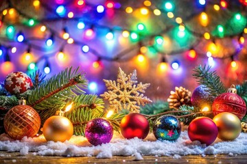 Vibrant Christmas Background with Festive Decorations, Snowflakes, and Colorful Lights for Holidays