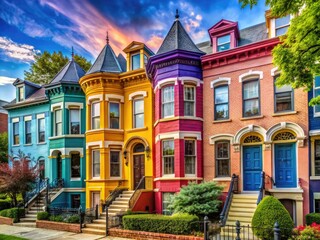 Fototapeta premium Vibrant Colorful Townhouses in Dupont Circle Neighborhood of Washington DC Capturing Urban Charm