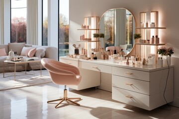 Luxurious cosmetics salon  elegant vanity table with makeup tools, refreshing sprays, and candles