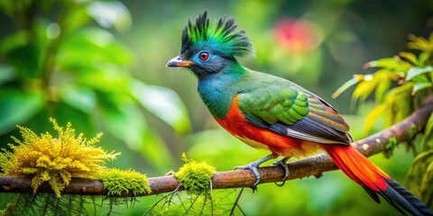Fototapeta premium Vibrant Crested Bird Perched Gracefully on a Branch Amidst Lush Green Foliage in Natural Habitat