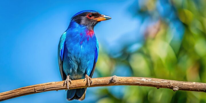 Vibrant Dollarbird Perched on a Branch Against a Clear Blue Sky in its Natural Habitat