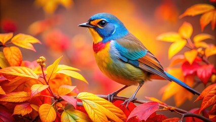 Fototapeta premium Vibrant Fall Bird Perched Amidst Colorful Autumn Leaves in a Serene Natural Setting