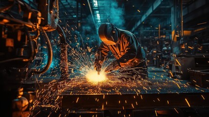 A welder works on a metal piece with sparks flying in a factory.