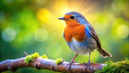 Obraz premium Vibrant Fecent Bird Perched on Branch Against a Soft Blurred Natural Background in Bright Light