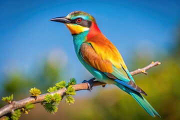 Fototapeta premium Vibrant Flat Billed Bird Perched on a Branch Against a Clear Blue Sky in Natural Habitat