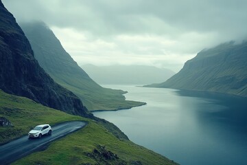 A white car drives on a winding road overlooking a fjord in a foggy landscape.