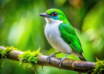 Vibrant Green and White Bird Perched on a Branch in a Lush Natural Environment, Captivating Beauty