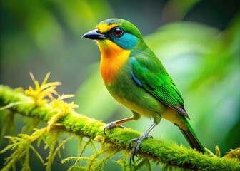 Obraz premium Vibrant Green and Yellow Bird Perched Gracefully on a Branch in a Lush Natural Environment