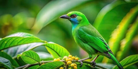 Vibrant Green Bird Perched on Lush Green Plant Leaves in a Natural Tropical Environment