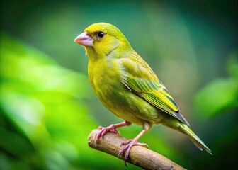 Obraz premium Vibrant Green Canary Bird Perched Gracefully on a Branch Against a Soft Natural Background