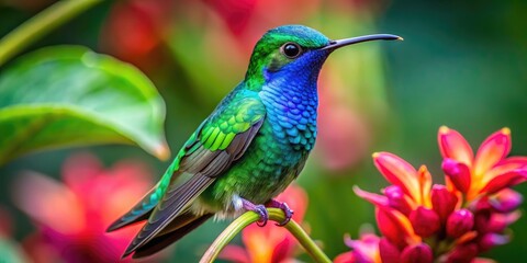 Fototapeta premium Vibrant Green Violetear Hummingbird Perched on a Flower in Lush Tropical Environment