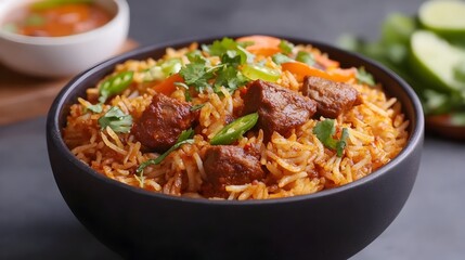 Fototapeta premium Flavorful Hyderabadi Biryani Dish with Tender Meat and Aromatic Spices