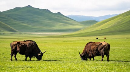 Two Yaks Grazing in a Lush Green Meadow with Rolling Hills in the Background
