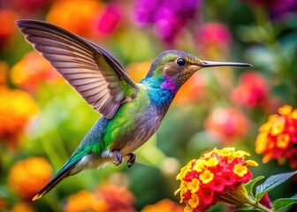 Fototapeta premium Vibrant Hummingbird Feeding on Colorful Flowers in a Lush Garden Captured in Stunning Detail