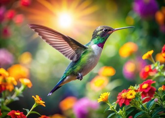 Fototapeta premium Vibrant Hummingbird Hovering Near Colorful Flowers in a Lush Garden Setting Under Bright Sunlight
