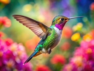 Fototapeta premium Vibrant Hummingbird in Flight Captured in Stunning Detail Against a Colorful Flower Background