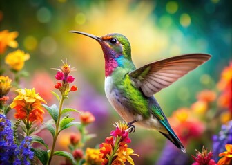 Naklejka premium Vibrant Hummingbird Singing in a Colorful Garden Surrounded by Beautiful Flowers and Greenery
