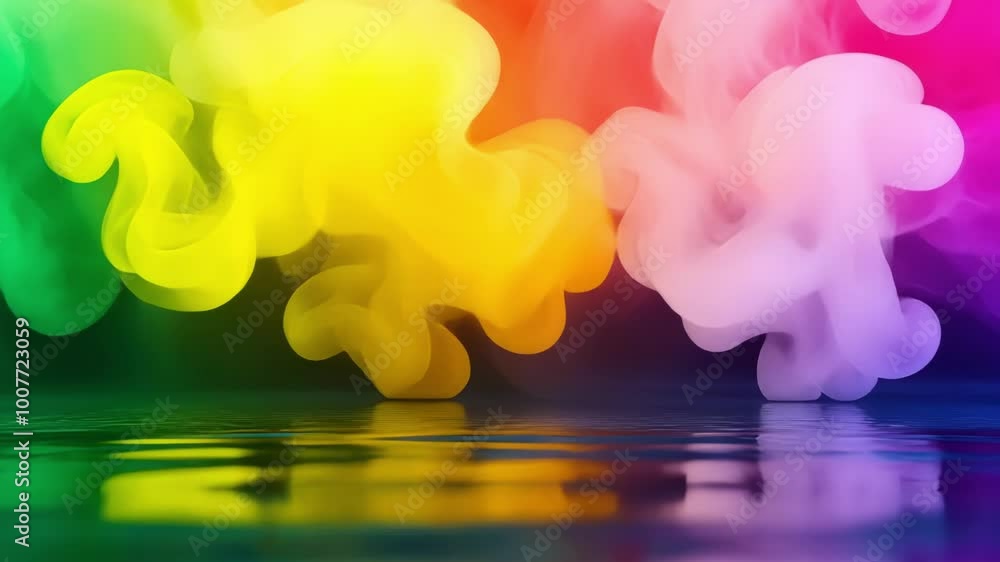 Poster abstract background with colorful smoke swirling over a reflective surface, ideal for compositing an