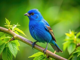 Vibrant Indigo Bunting Bird Perched on a Branch in a Lush Green Natural Habitat Setting
