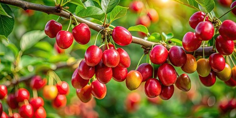 Vibrant Indian Cherry Fruits on Tree Branches Surrounded by Lush Green Foliage in Natural Setting