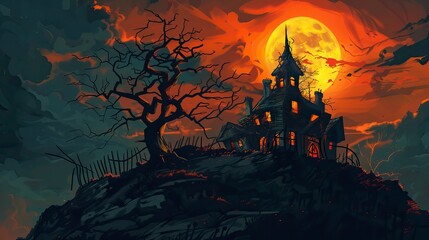 Helloween poster background of a haunted house on a hill under, Halloween elements, Happy Halloween