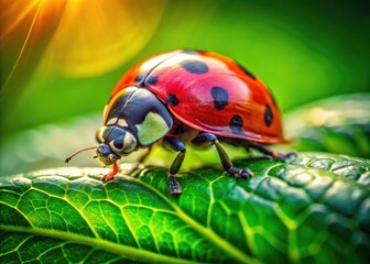 Fototapeta premium Vibrant Ladybug Crawling on Green Leaf in Natural Habitat Showcasing Nature's Colorful Beauty