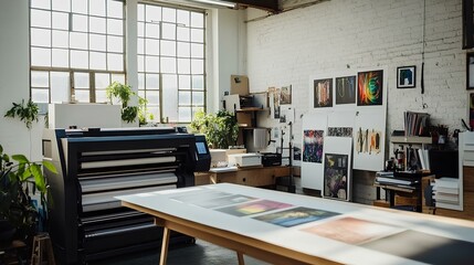 A vibrant art studio showcasing a large printer, artwork displays, and a creative workspace filled with plants and natural light.
