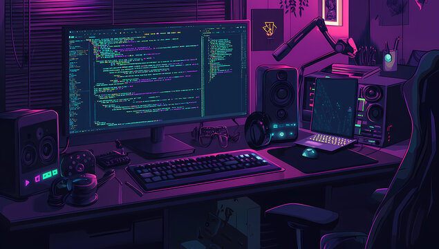 Dark Room with Computer Setup and Neon Purple Lights