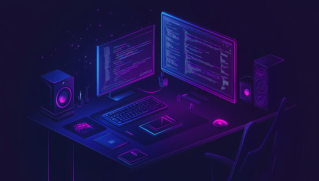 Dark Room with Computer Setup and Neon Purple Lights