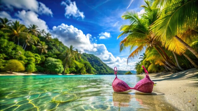 Vibrant Micro Bikini on Sandy Beach with Crystal Clear Water and Lush Tropical Surroundings