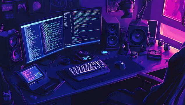 Dark Room with Computer Setup and Neon Purple Lights