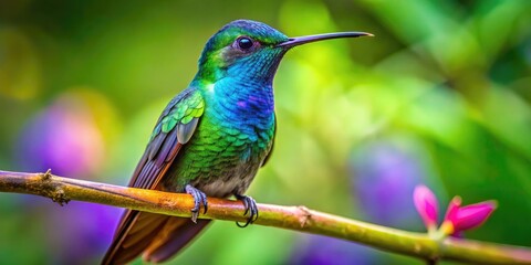 Fototapeta premium Vibrant Nazca Hummingbird perched on a branch amidst lush greenery in a tropical habitat