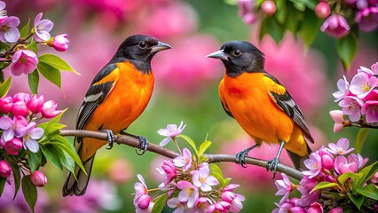 Vibrant Orioles in Natural Habitat Captured in Stunning Detail Amidst Colorful Spring Foliage