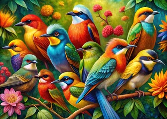 Vibrant Paint Birds in Various Colors Captured on Canvas for Artistic and Creative Inspiration